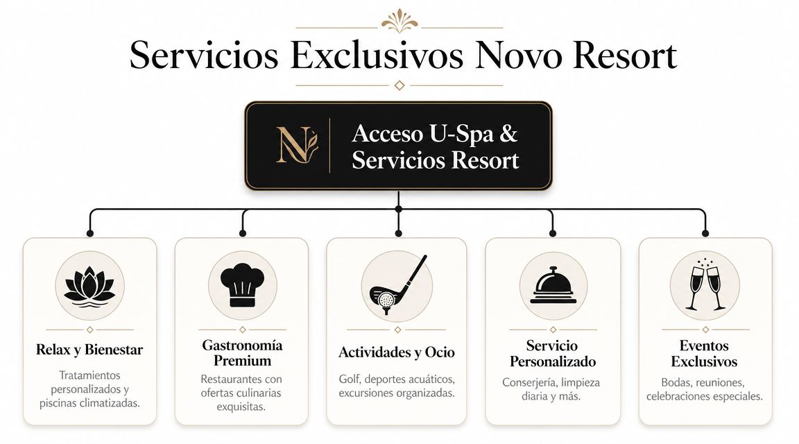 Diagrama de los servicios exclusivos ofrecidos en Novo Resort, incluyendo spa, gastronomía, actividades, servicios personalizados y eventos.