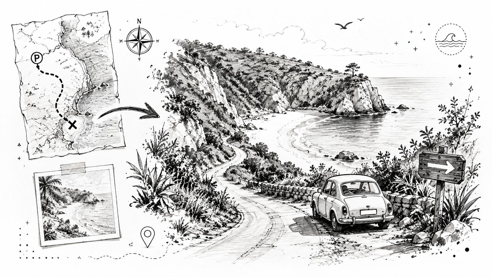 Un dibujo estilo boceto de un coche aparcado junto a un camino costero y una playa tranquila.