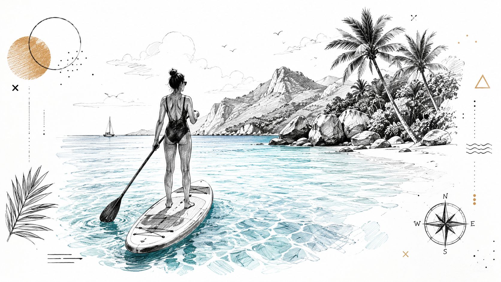 Mujer haciendo paddle surf en aguas cristalinas cerca de una hermosa costa montañosa y tropical.