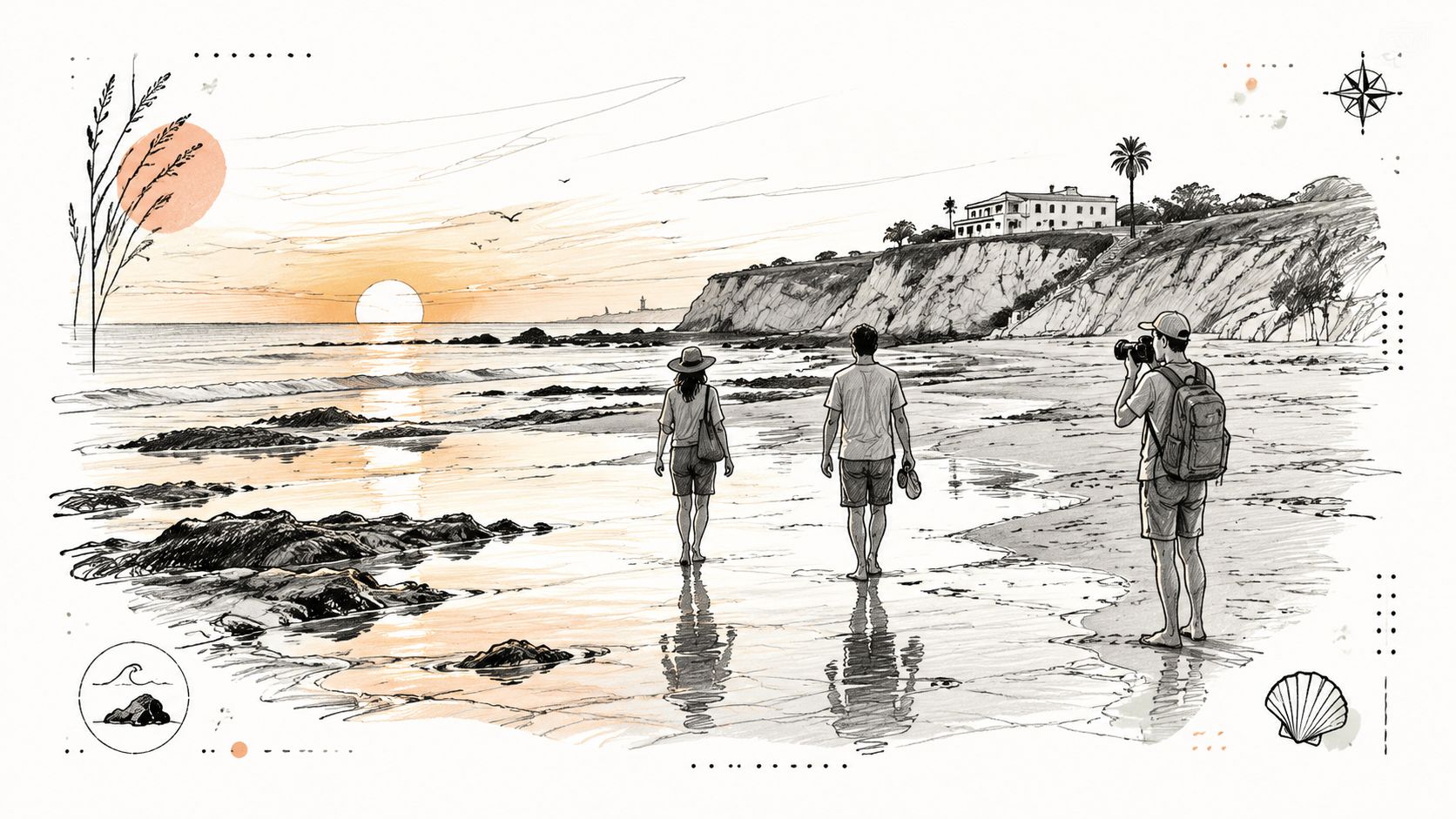 Una pareja paseando por la playa de la Fuente del Gallo con un fotógrafo al atardecer.