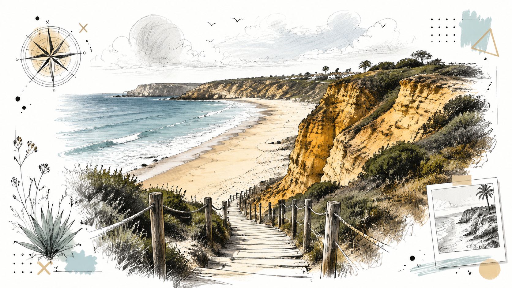 Dibujo artístico de una playa con acantilados, escaleras de madera y un paisaje costero mediterráneo pintoresco.