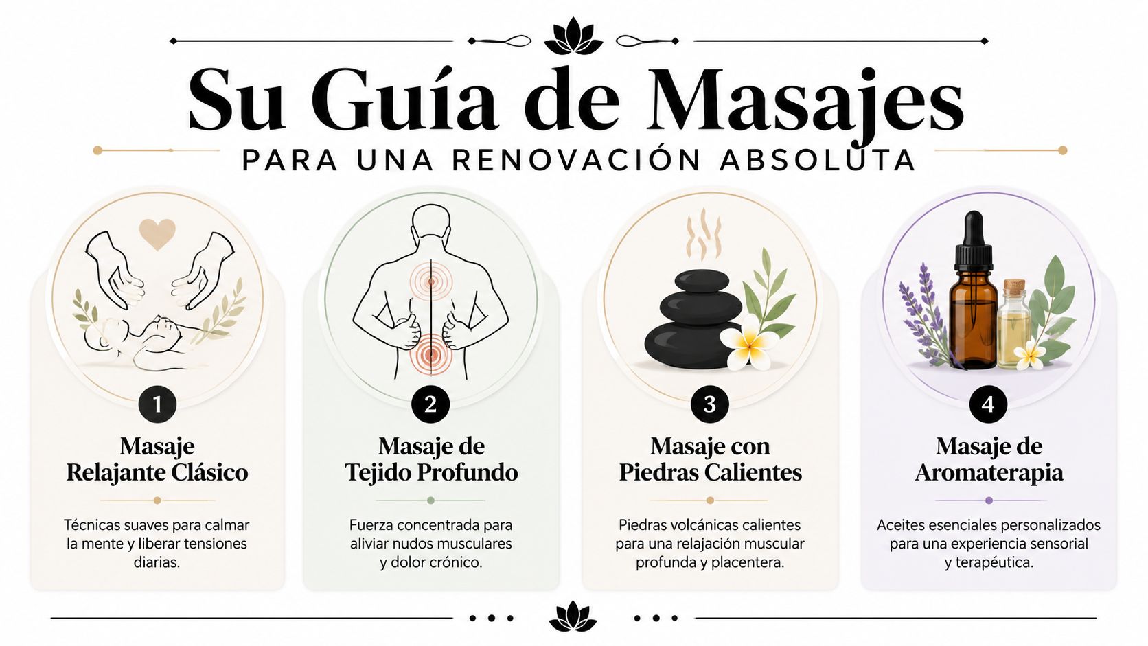 Guía informativa sobre diversos tipos de masajes corporales que ofrecen relajación, alivio del dolor y bienestar.