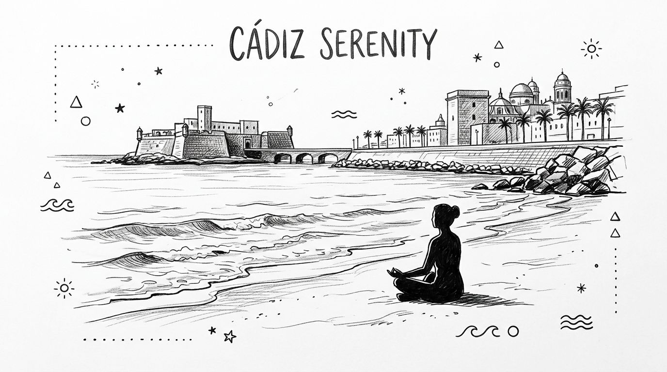 Una ilustración en blanco y negro de una persona meditando en la playa frente a Cádiz.