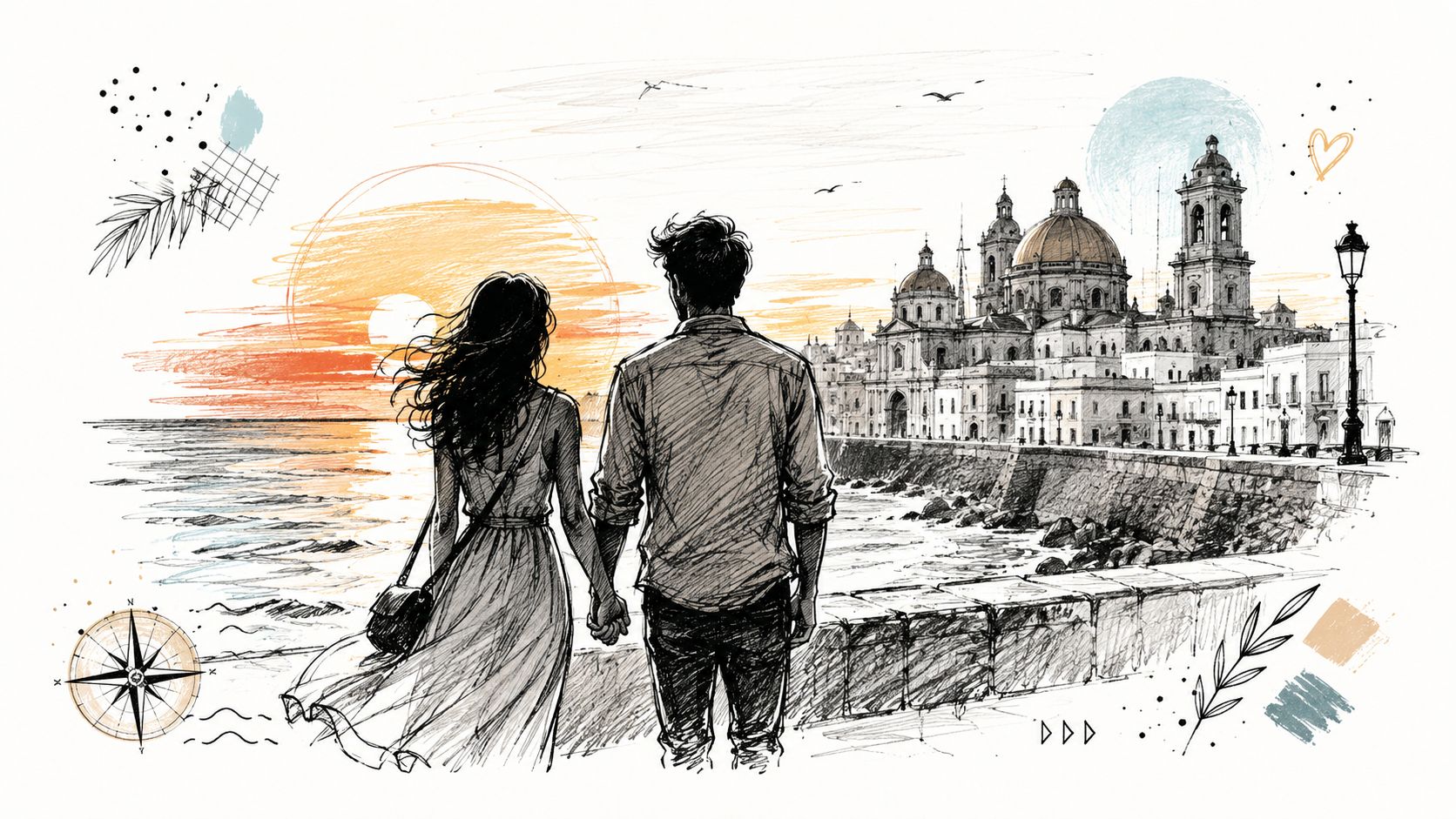 Una pareja joven observa un romántico atardecer frente a la histórica catedral de Cádiz junto al mar.