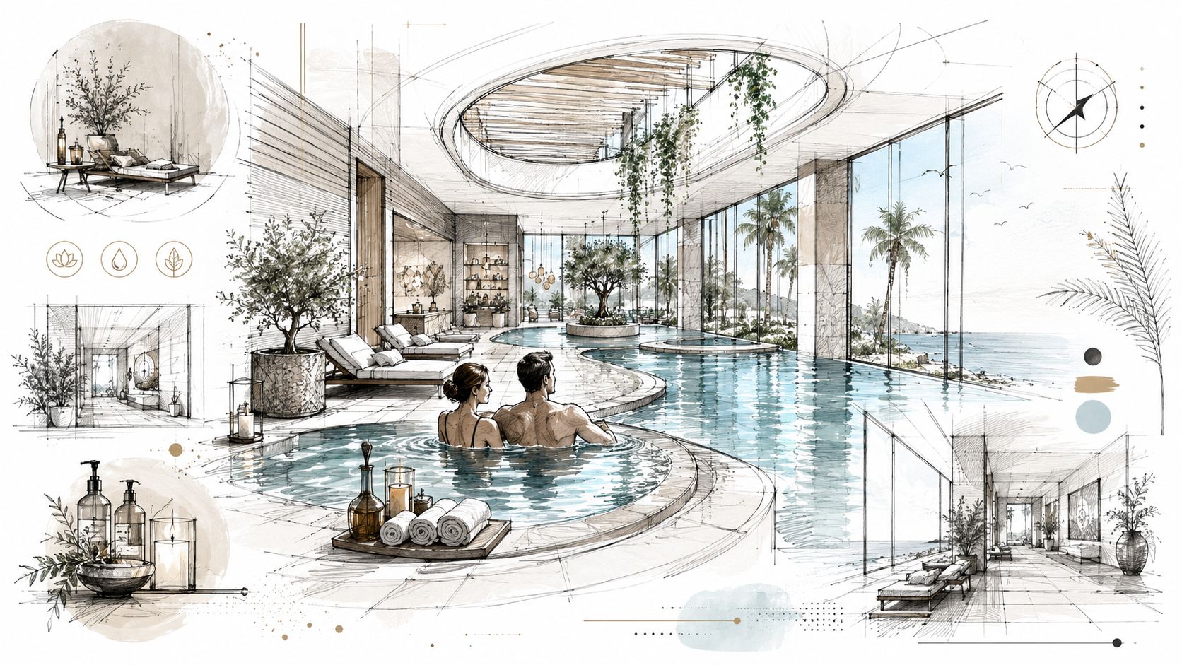 Una pareja relajándose en una piscina termal de lujo con vistas al mar en un resort elegante.