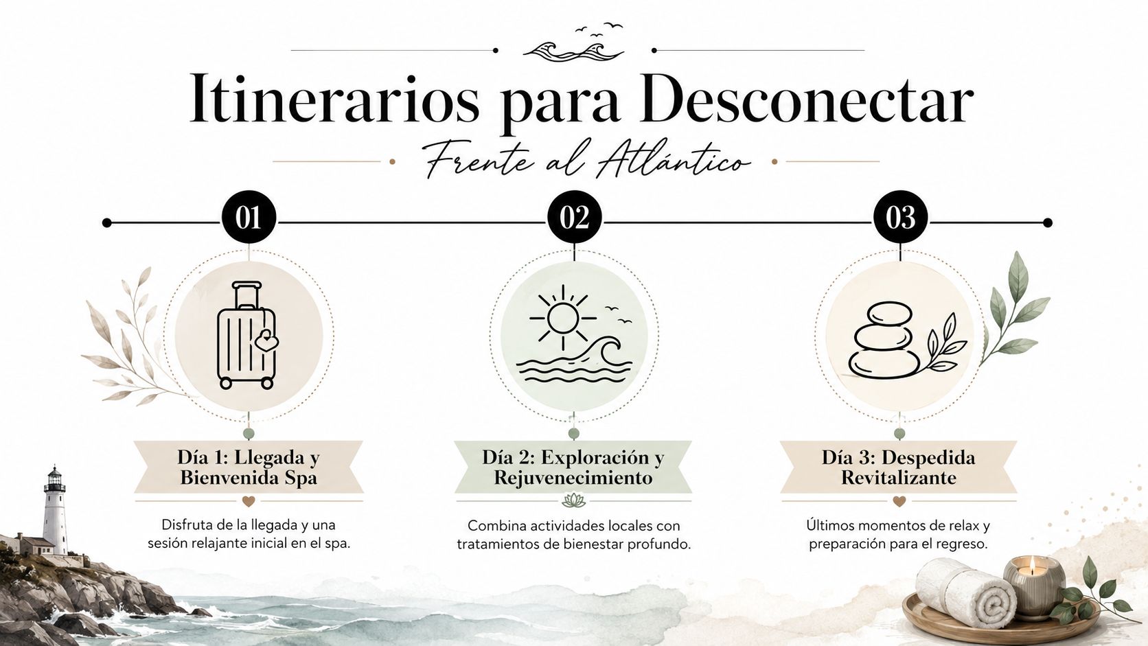 Infografía de un itinerario de tres días para una relajante escapada con spa frente al mar.