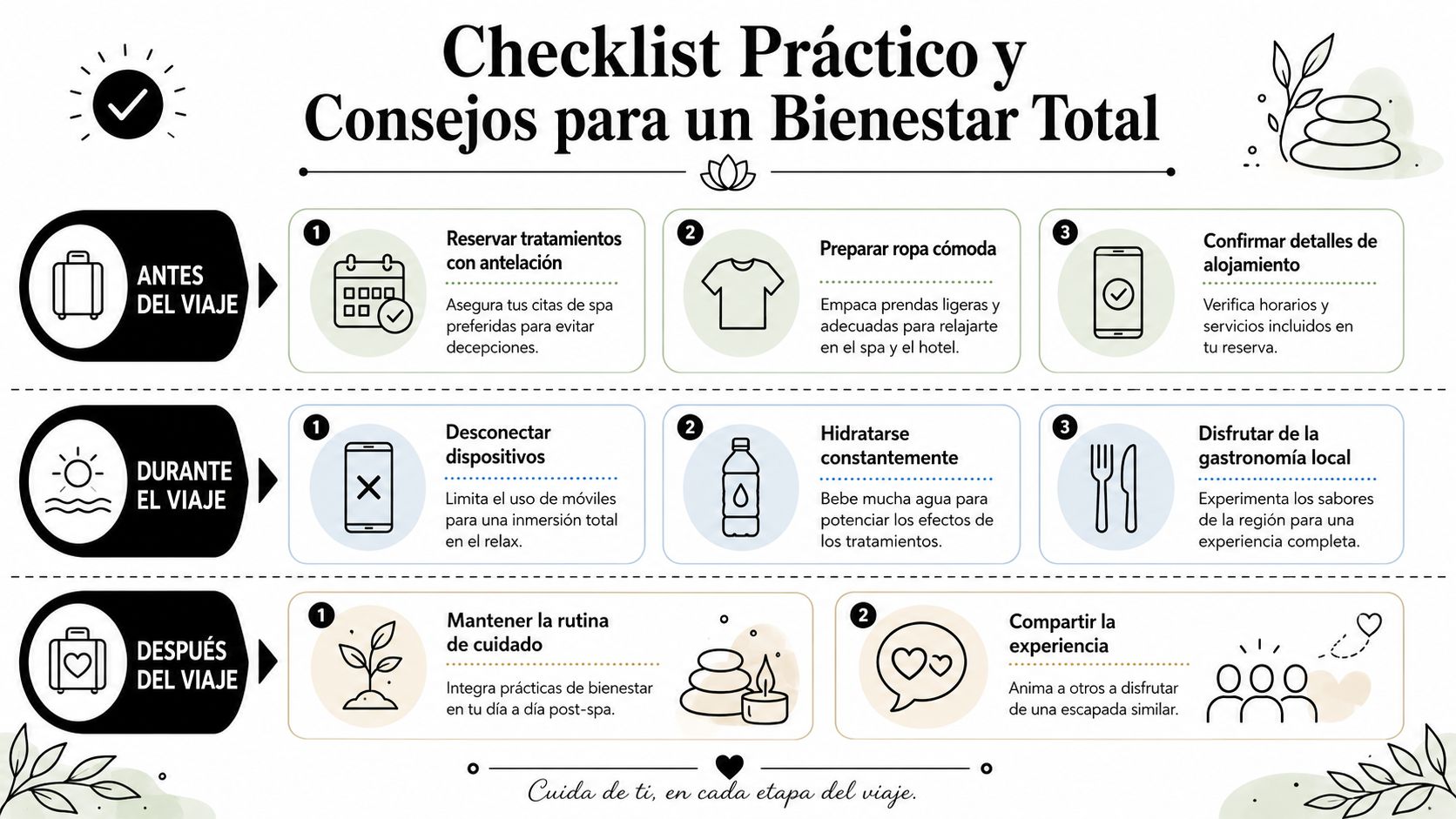 Una infografía con consejos prácticos y un checklist para organizar un viaje enfocado en el bienestar total.