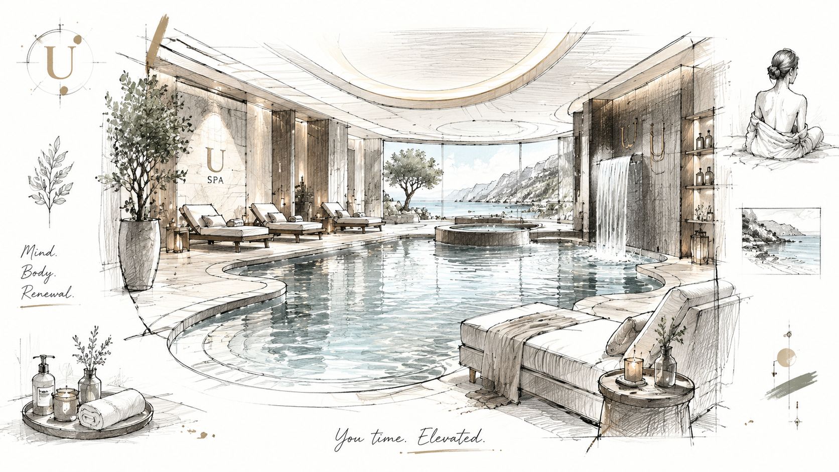 Un dibujo artístico que representa un lujoso spa interior con una piscina, cascada y vistas al mar.