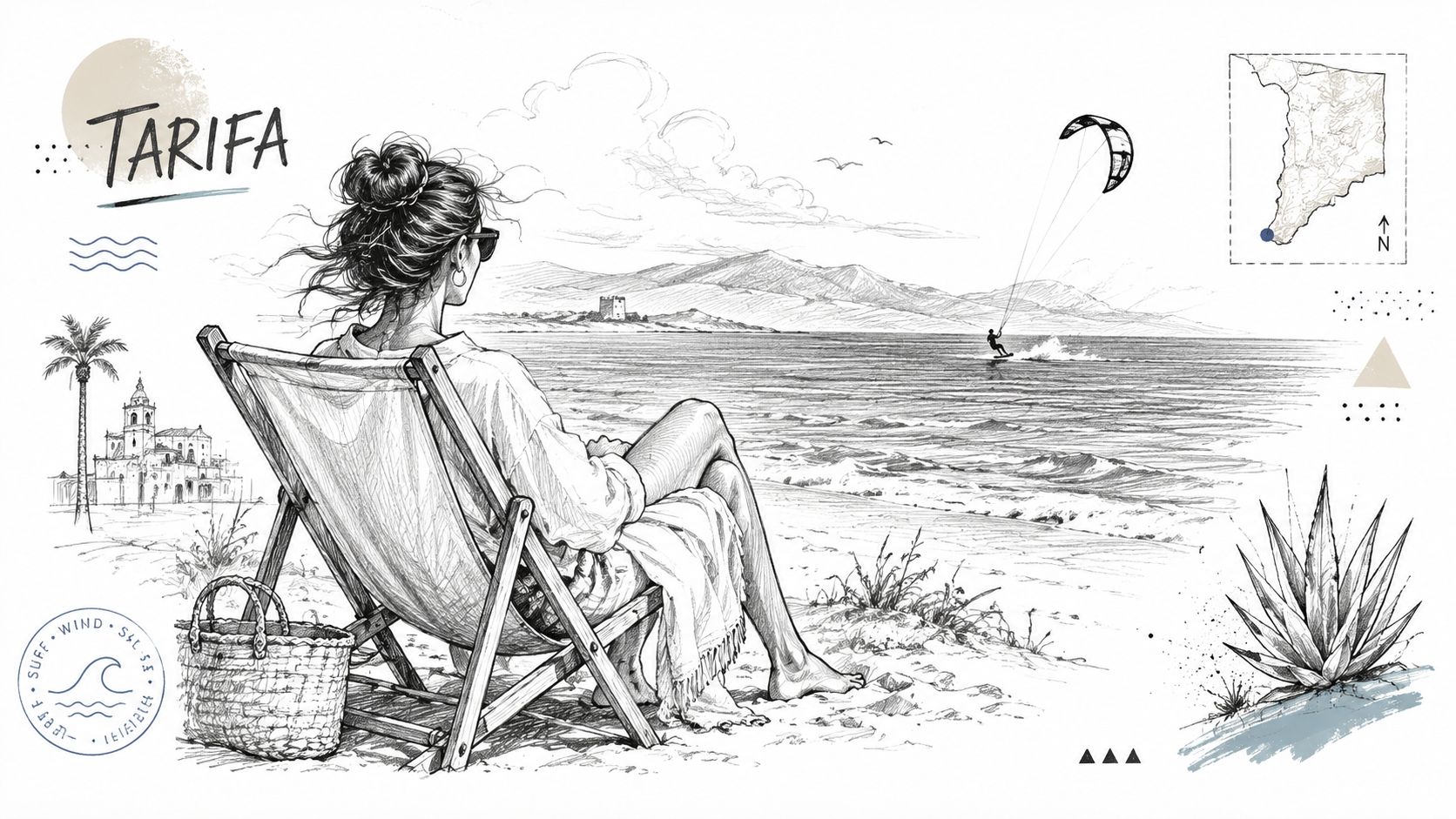 Una mujer descansa en una silla de playa mirando el mar y haciendo kitesurf en Tarifa, España.