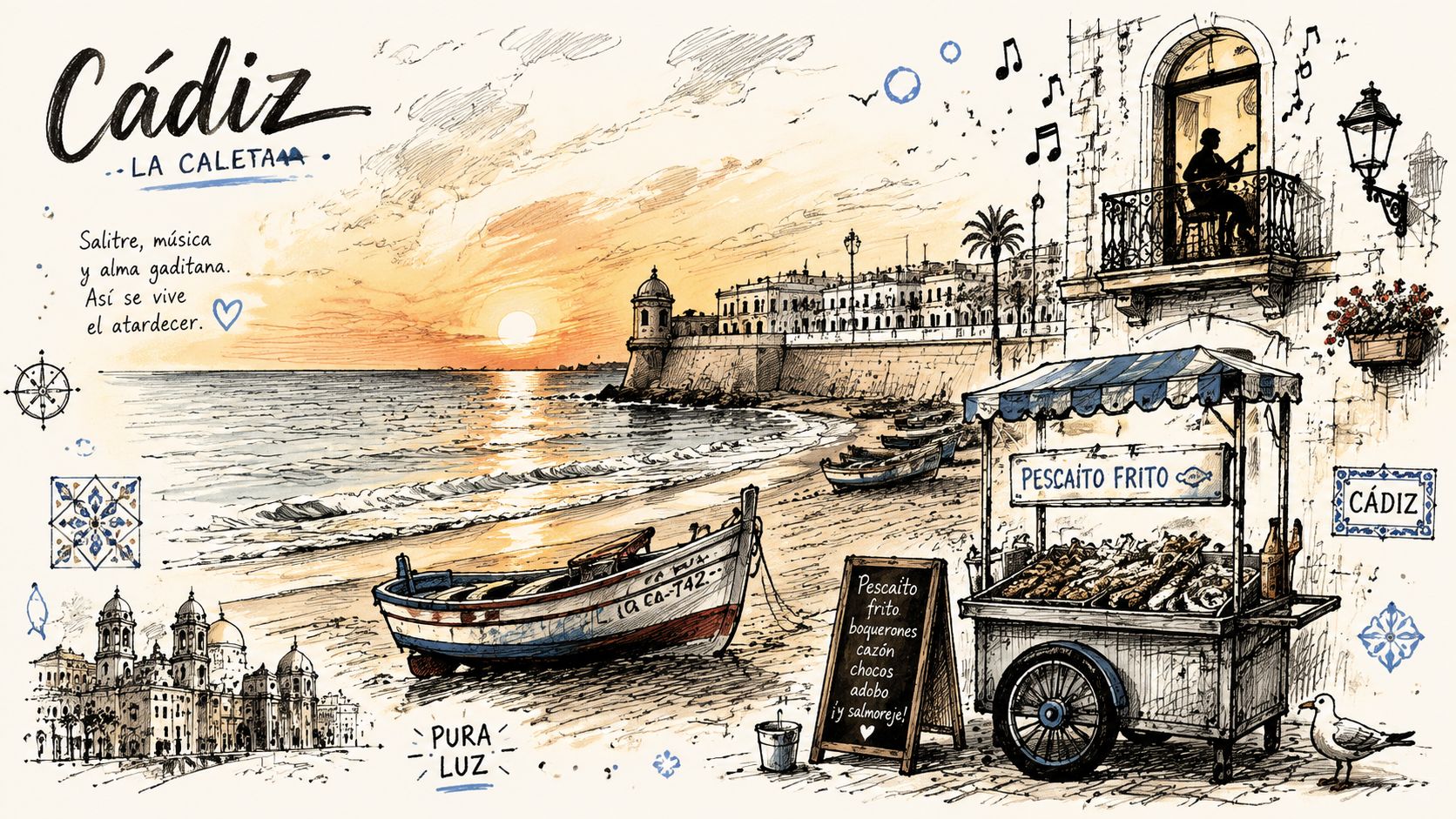 Una hermosa ilustración artística del atardecer en la playa de La Caleta en Cádiz con barcas y comida.