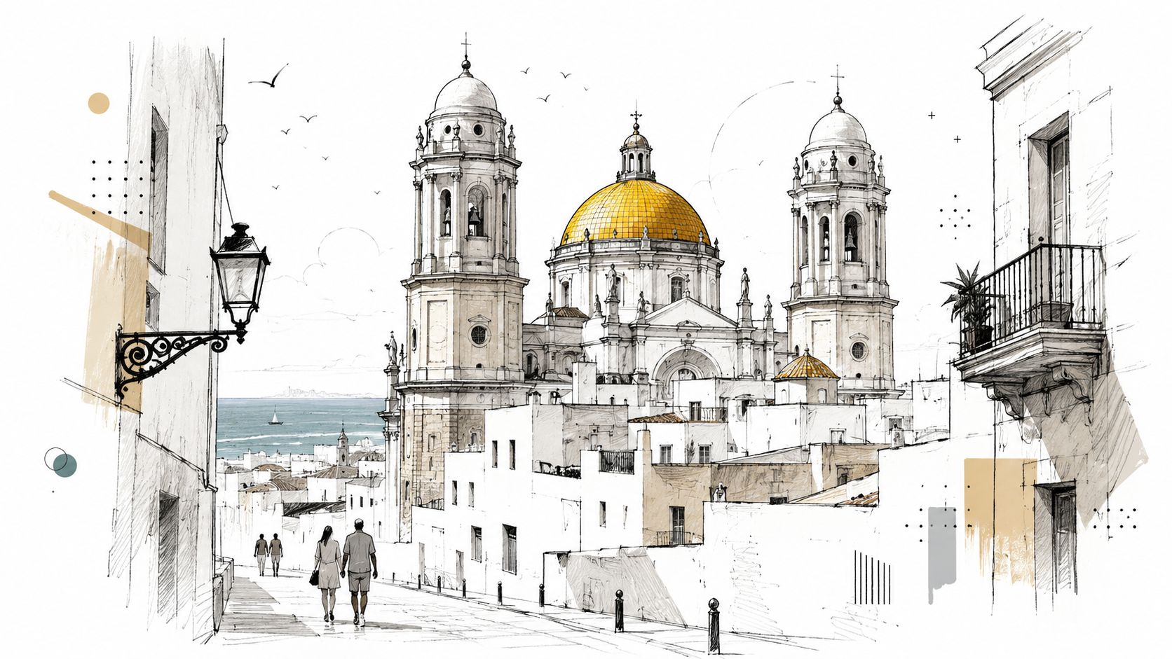 Ilustración artística de la Catedral de Cádiz con sus cúpulas doradas y personas paseando por sus calles