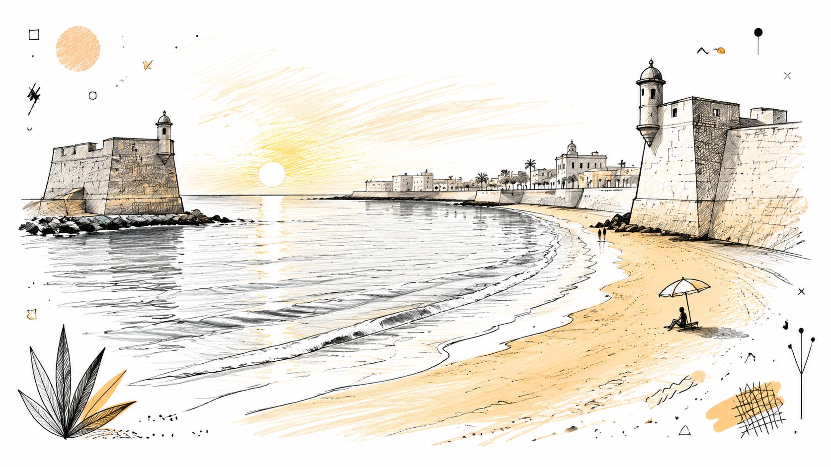 Ilustración artística de la playa de La Caleta en Cádiz con sus castillos históricos durante el atardecer.