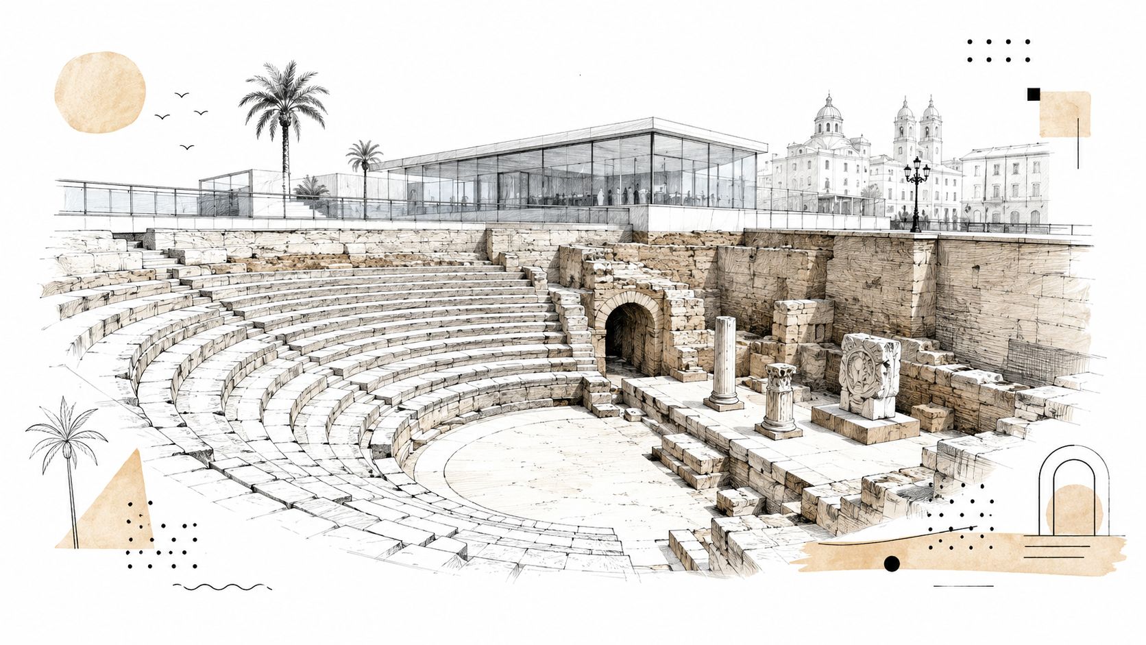 Representación artística del Teatro Romano de Cádiz integrado con una moderna estructura de cristal superior.