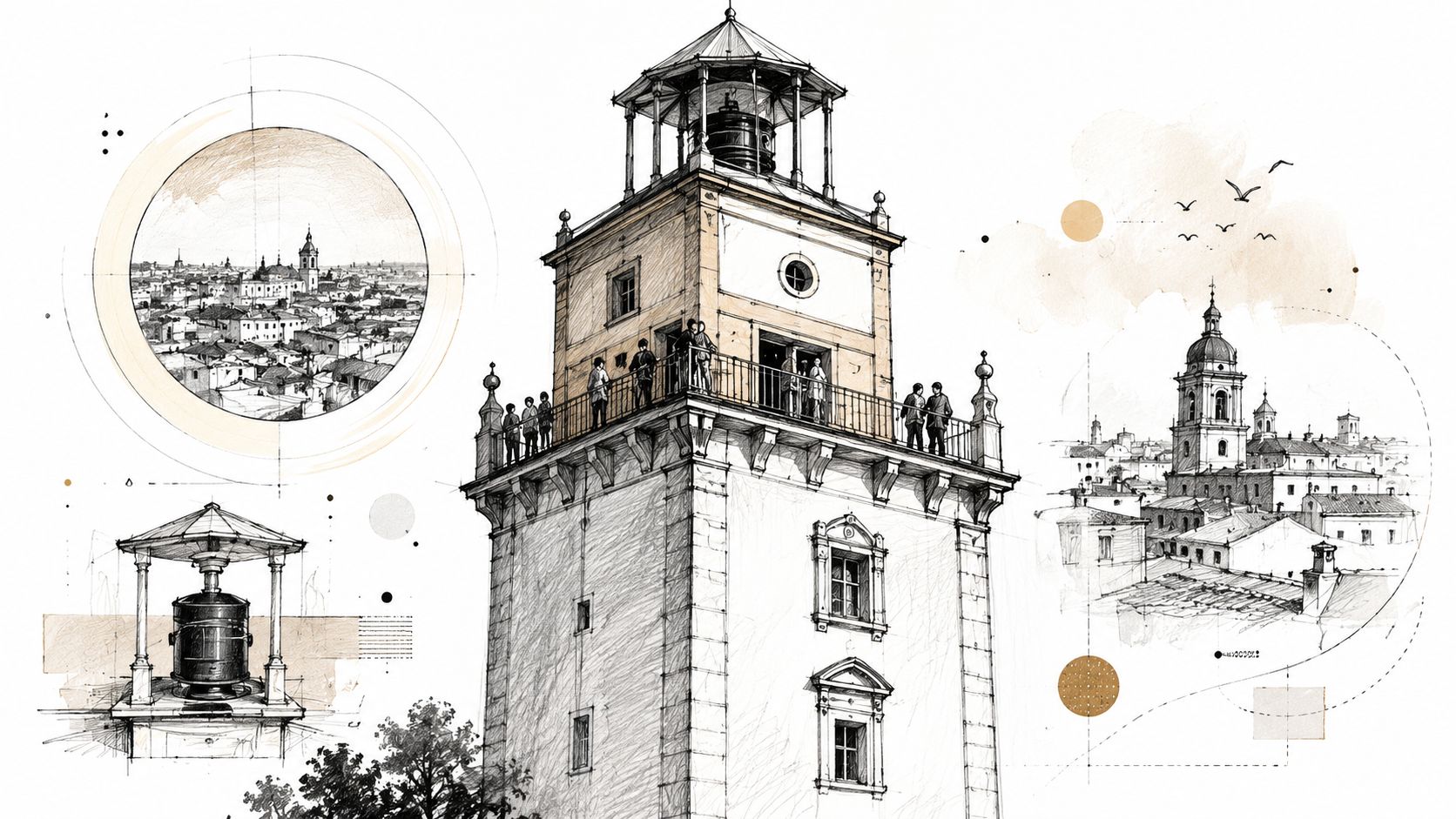 Dibujo arquitectónico detallado de la Torre Tavira en Cádiz con vistas panorámicas y elementos técnicos.