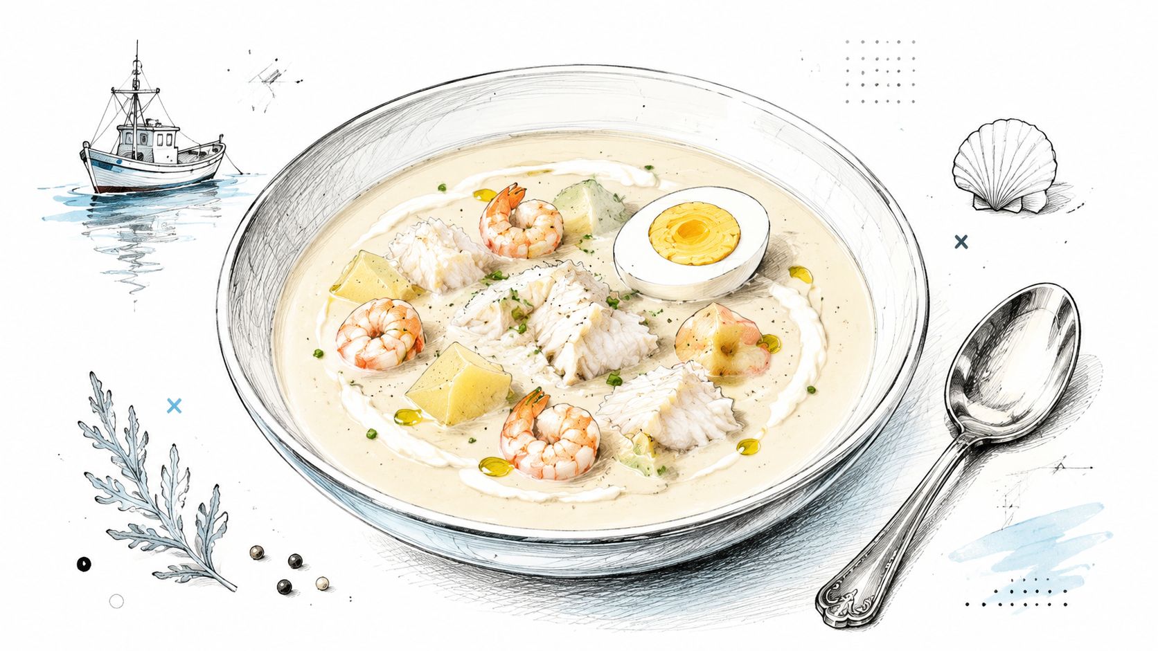 Deliciosa sopa de pescado al estilo de Cádiz con gambas, patatas y un huevo duro en plato.