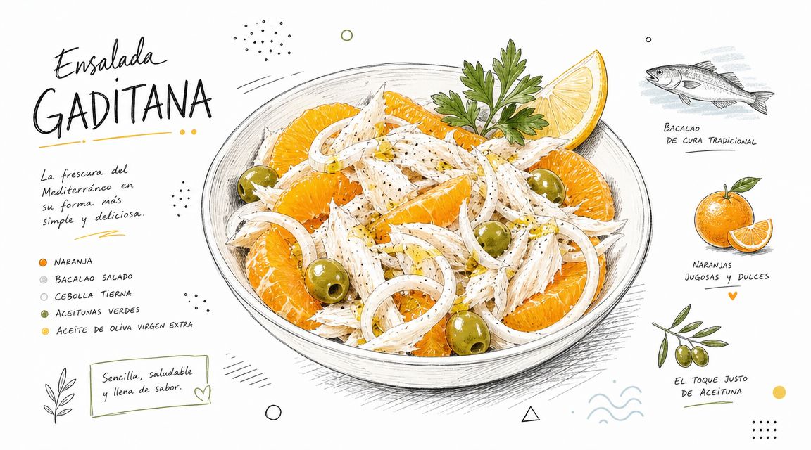 Ilustración artística de una ensalada gaditana con bacalao, naranjas, cebolla tierna y aceitunas en un plato.