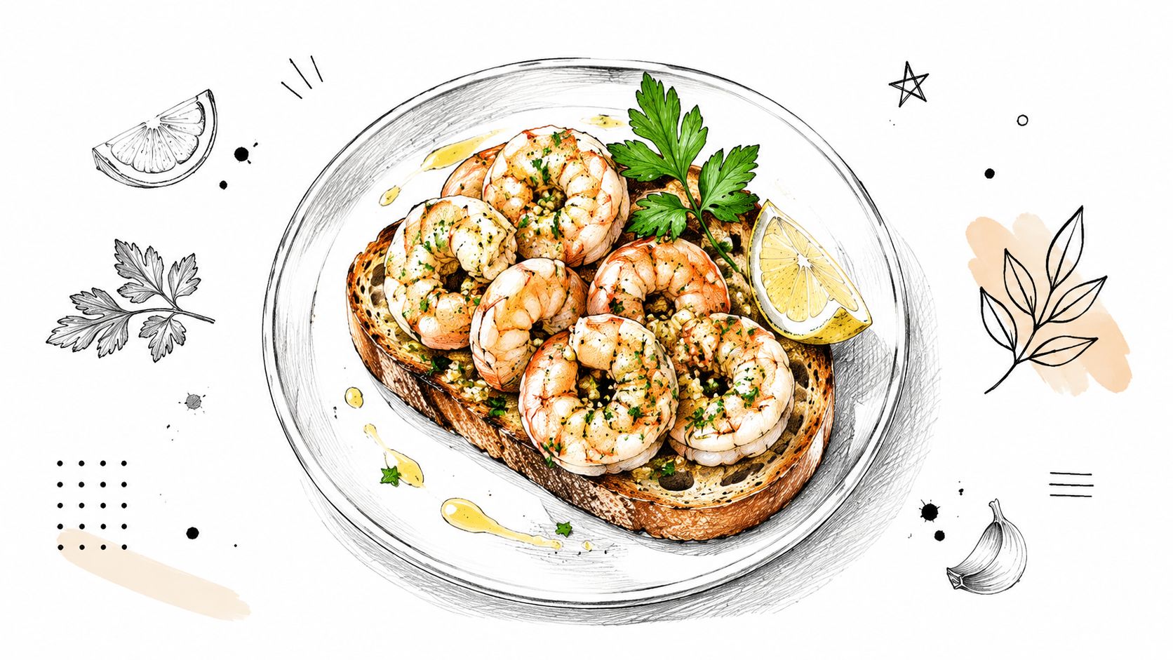 Una deliciosa tostada con gambas al ajillo, limón y perejil fresco servida en un plato blanco.