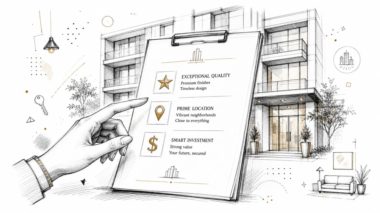 Mano señalando una lista con beneficios de invertir en apartamentos de lujo, incluyendo calidad y ubicación privilegiada.