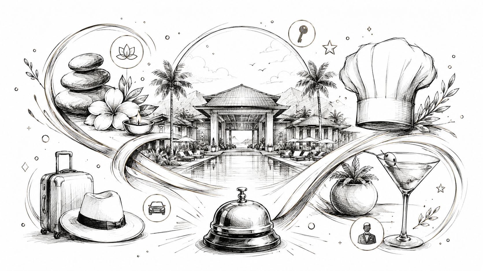Ilustración detallada de un complejo turístico de lujo con servicios de spa, gastronomía, viajes y hospitalidad.