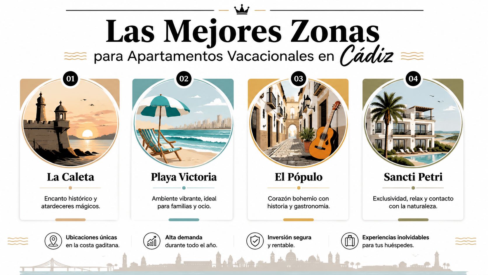 Infografía destacando las mejores zonas para apartamentos vacacionales en la ciudad de Cádiz, España.