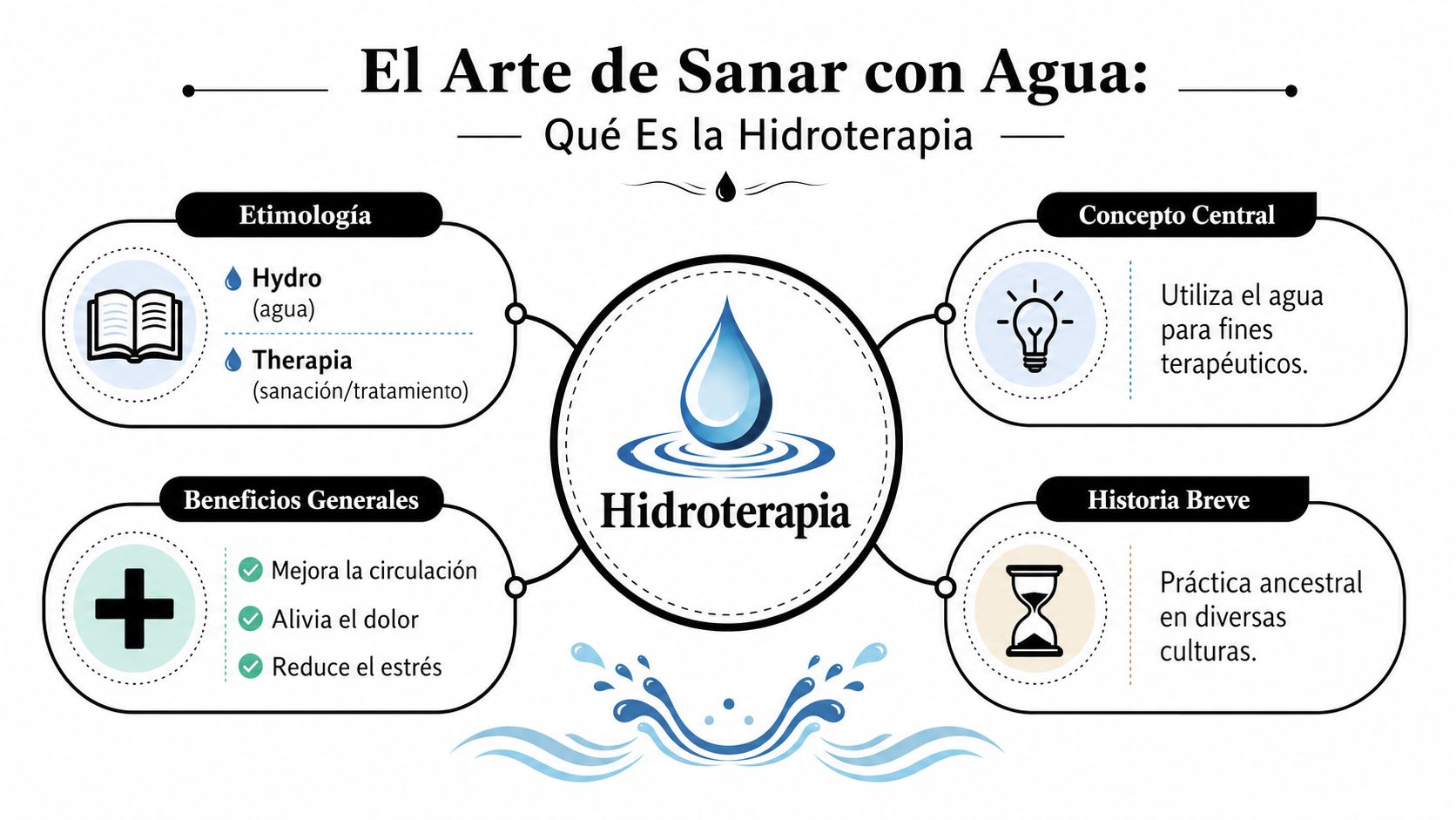 Infografía educativa que explica el concepto, etimología, beneficios y breve historia de la hidroterapia terapéutica.