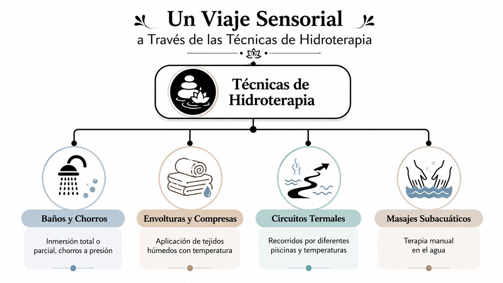 Diagrama informativo sobre técnicas de hidroterapia, incluyendo baños, envolturas, circuitos termales y masajes subacuáticos.