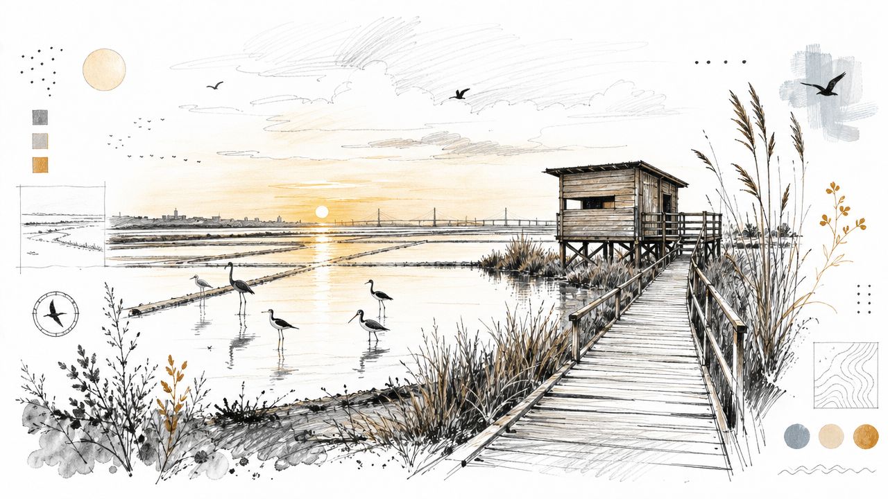 Ilustración artística de un humedal en Cádiz al atardecer con aves, un observatorio de madera y pasarela.
