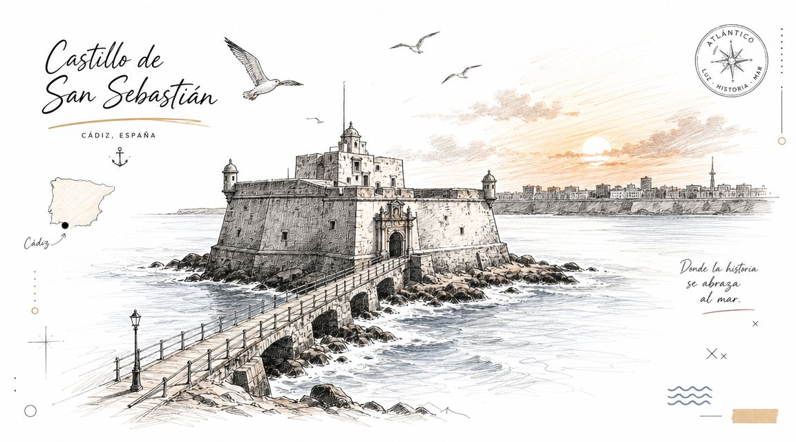 Ilustración artística del Castillo de San Sebastián en Cádiz, España, rodeado por el mar al atardecer.