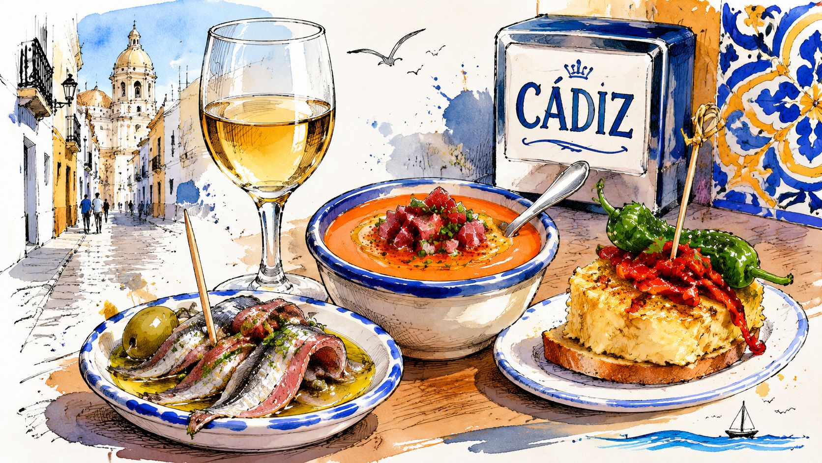 Una ilustración acuarela de una comida típica de Cádiz con vino, tapas, salmorejo y vistas urbanas.