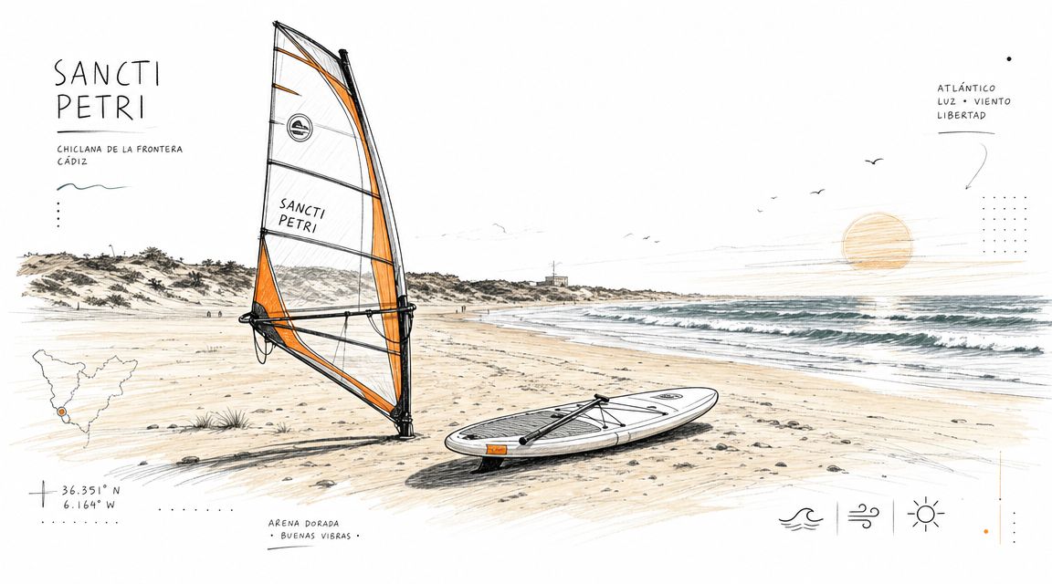 Ilustración artística de una tabla de surf y una vela en una playa soleada de Sancti Petri, Cádiz.
