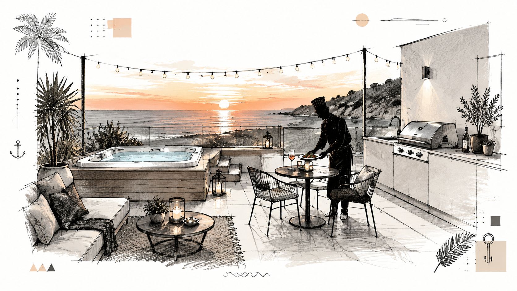Chef preparando una cena romántica en una terraza de lujo con jacuzzi frente a un atardecer costero.