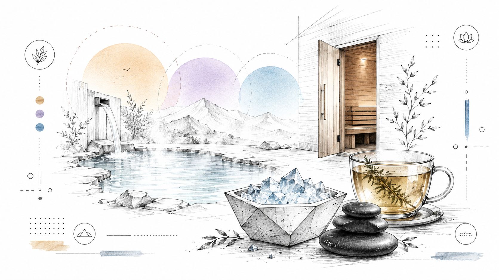 Ilustración artística de un spa de lujo con sauna, fuente de agua termal, cristales y té relajante.